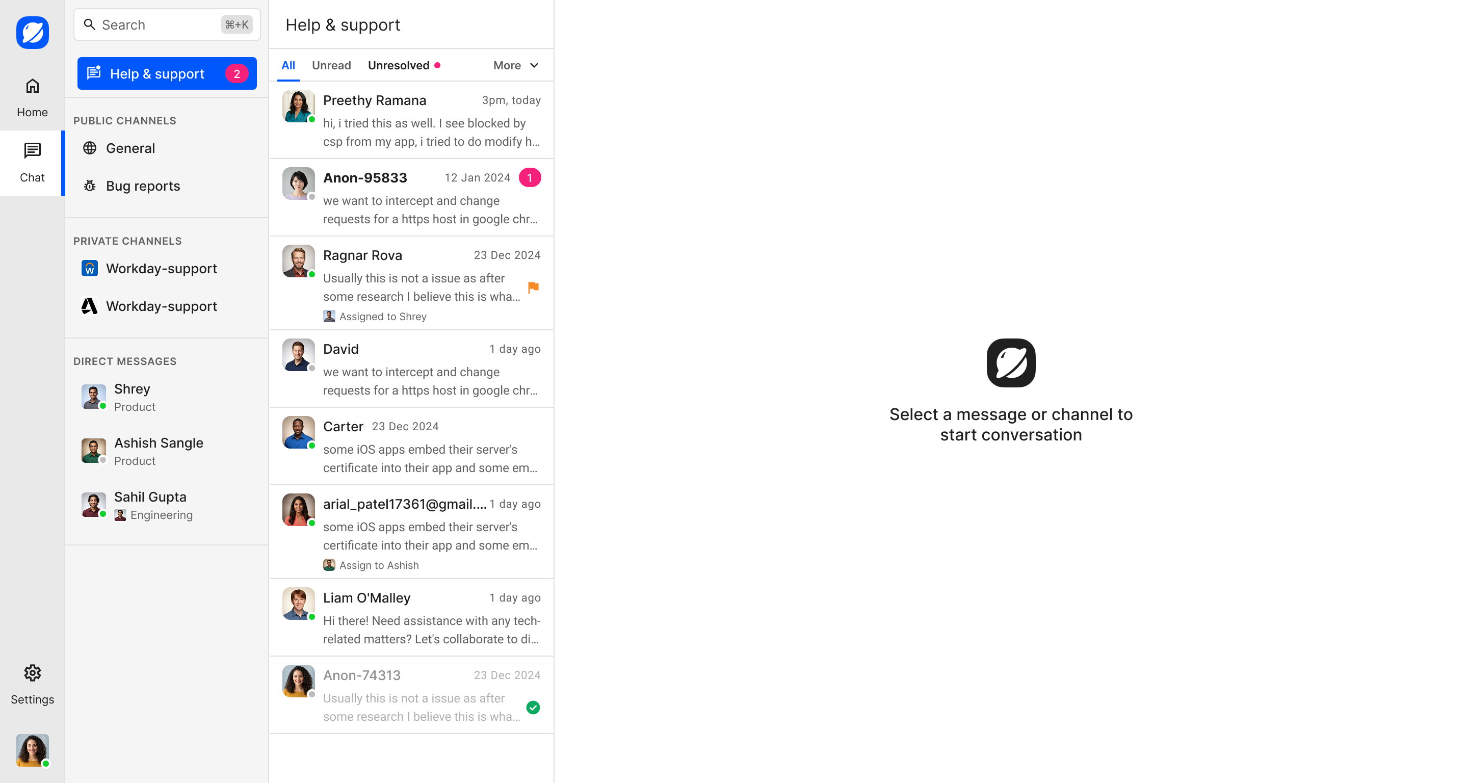 Admin workspace before a support conversation is selected